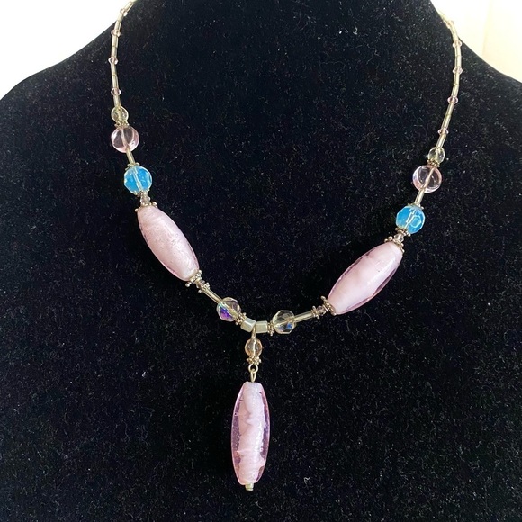 Vintage Pink Molded Barrel Pink Art Glass Beads Lariat Necklace - Picture 1 of 14